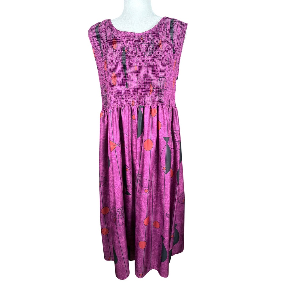 Misslook Womens XXL Smocked Midi Dress Magenta Purple Abstract Geometric 395283#